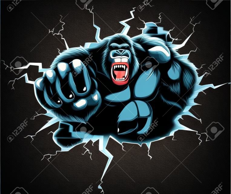 Vector illustration, ferocious gorilla hit the wall with his fist