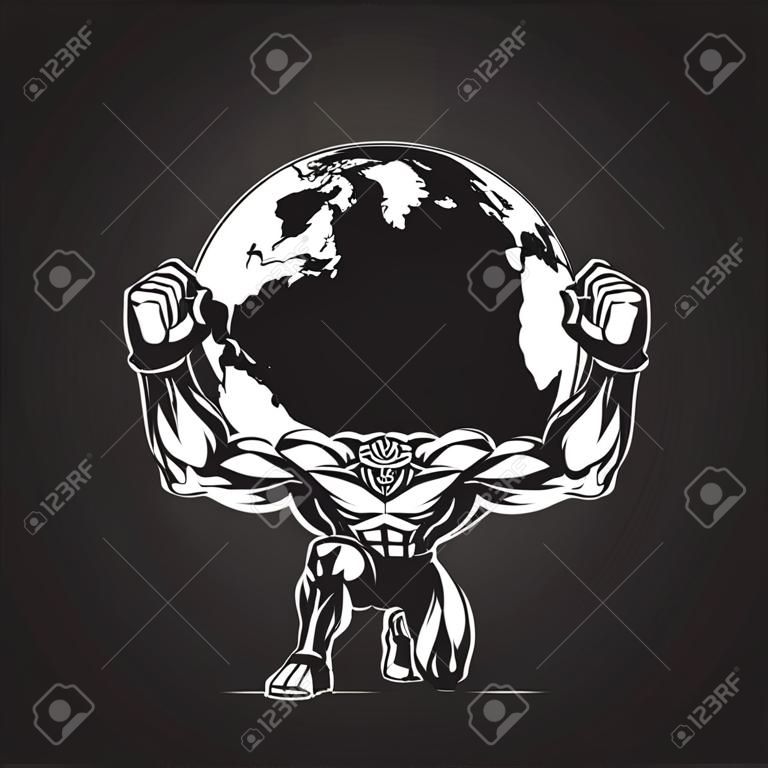 Векторная иллюстрация, сильный человек держит планету