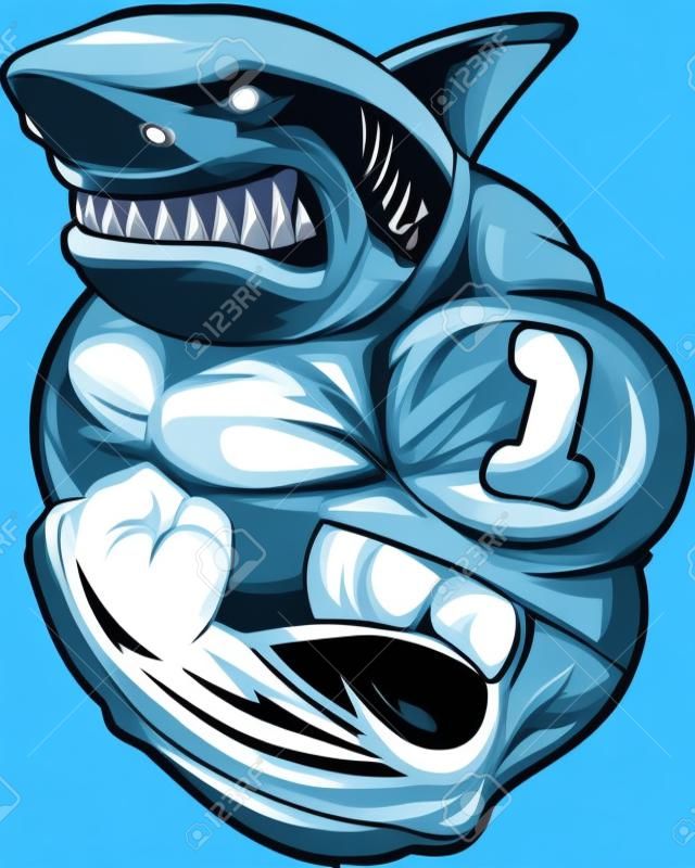 Ilustración vectorial, tiburón con dientes muestra grandes bíceps