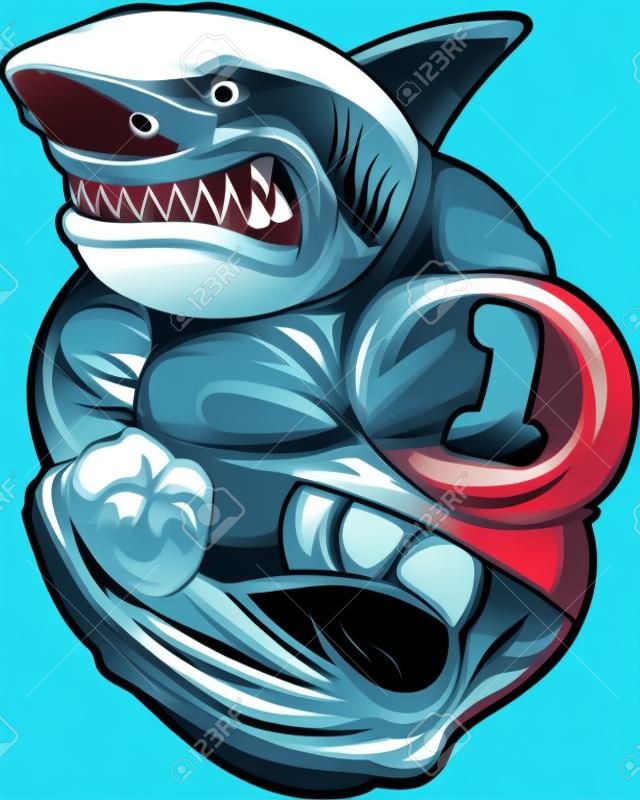 Vector illustration, toothy shark shows great biceps