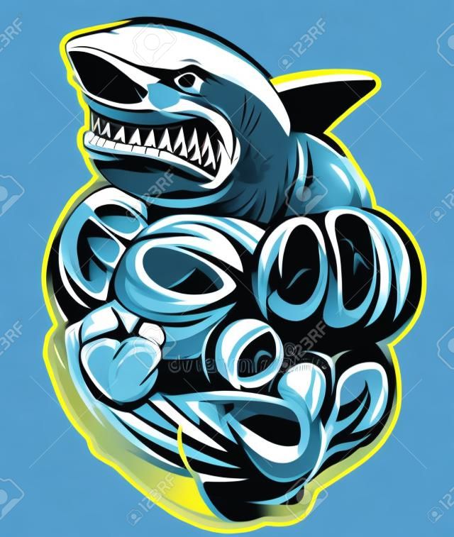 Vector illustration, toothy  shark shows big biceps
