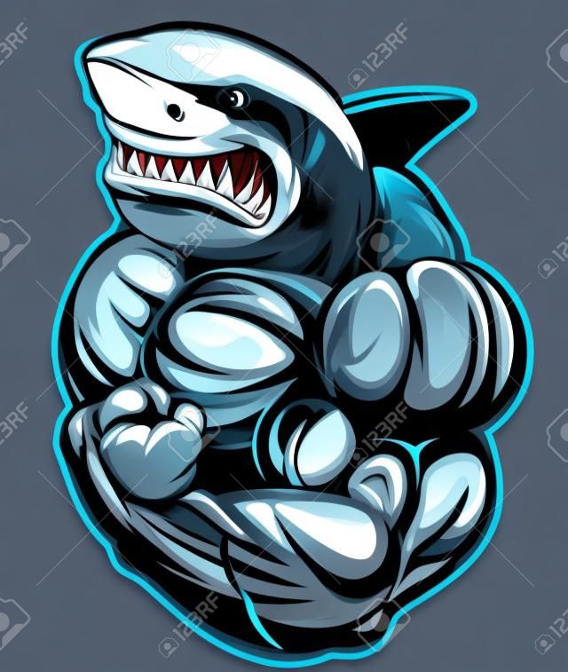 Ilustración vectorial, tiburón con dientes muestra grandes bíceps