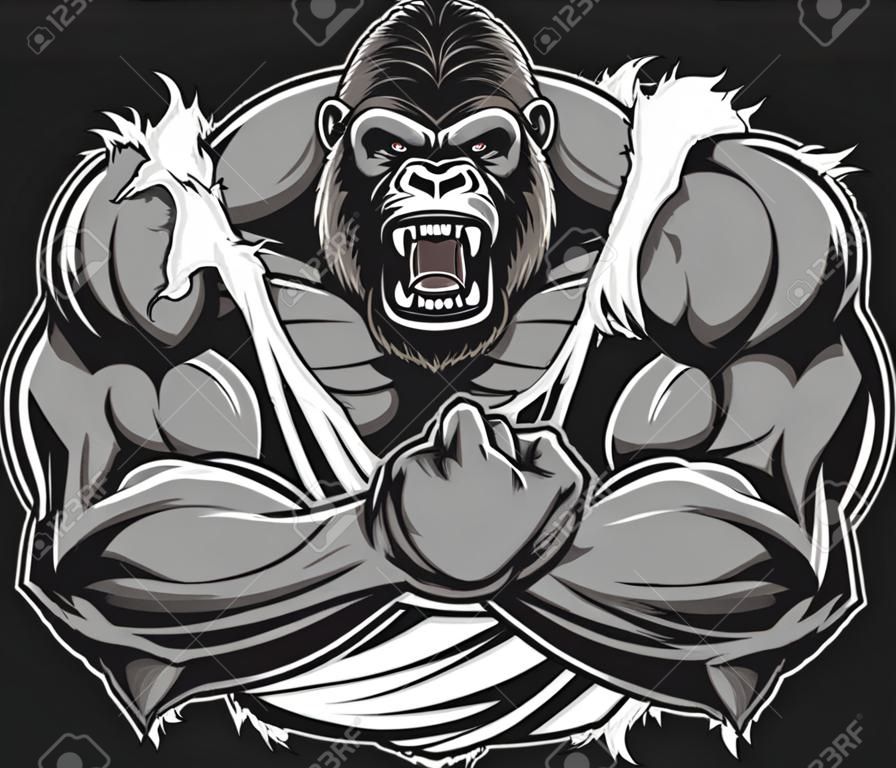 Ilustracji wektorowych, okrutny goryl kulturysta pokazuje swoje wielkie bicepsy