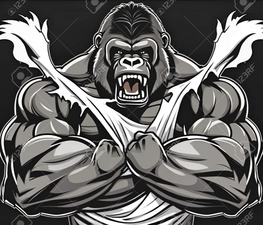 Vector illustration, ferocious gorilla bodybuilder shows his big biceps