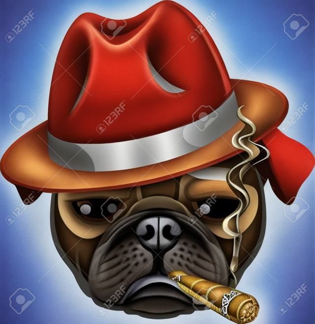 哈巴狗狗的肖像与雪茄酷家伙黑帮期待