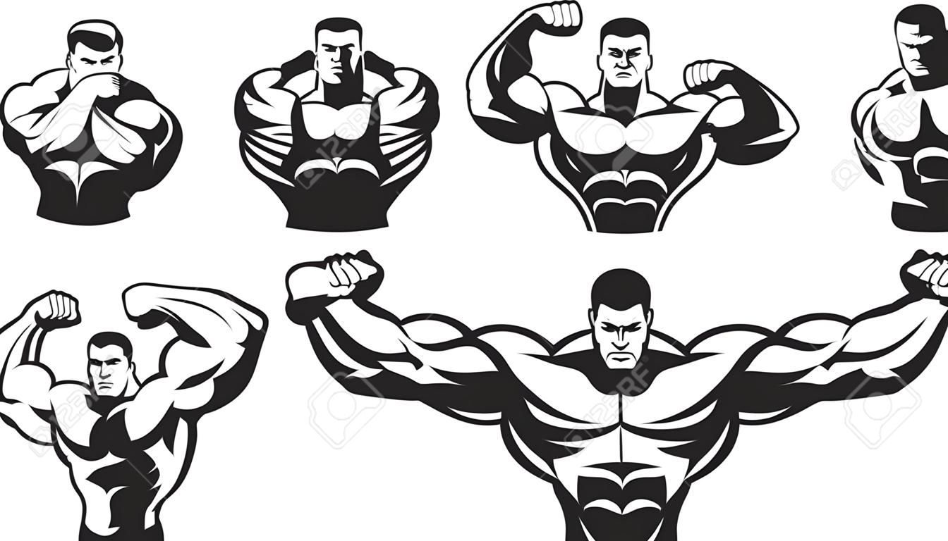 Ilustração vetorial, silhuetas bodybuilding dos atletas, em um fundo branco, contorno