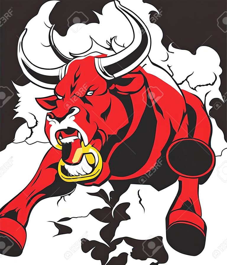 Векторная иллюстрация Свирепый агрессивный бык нападение, ломает стену