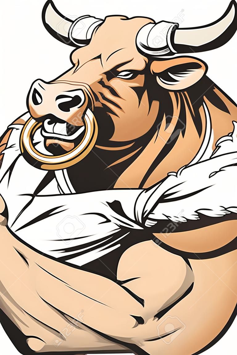 Vector illustration of a strong bull with big biceps
