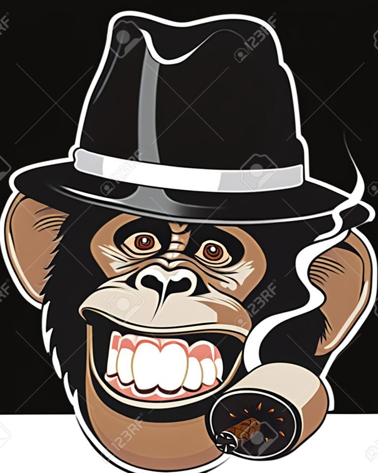 Иллюстрация смешно шимпанзе шляпе гангстера курить сигары и смех