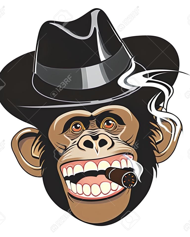 ilustración de chimpancé divertido sombrero de gángster que fuma un cigarro y riendo