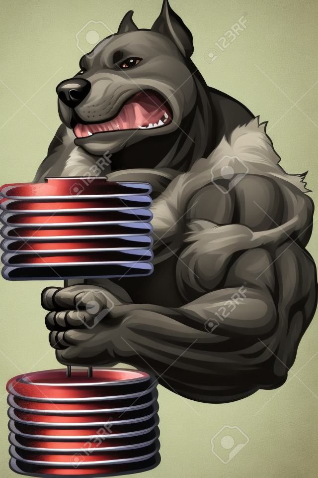 ilustración de un pitbull feroz levanta las pesas en el bíceps