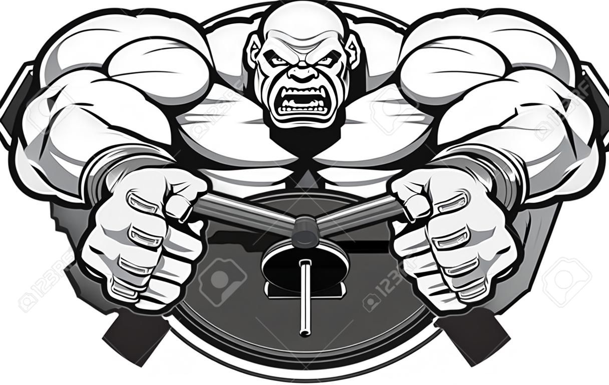Vector illustration, a fierce strong athlete breaks the iron disk for barbell