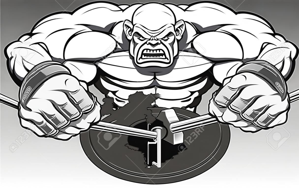 Ilustração vetorial, um atleta forte feroz quebra o disco de ferro para barra