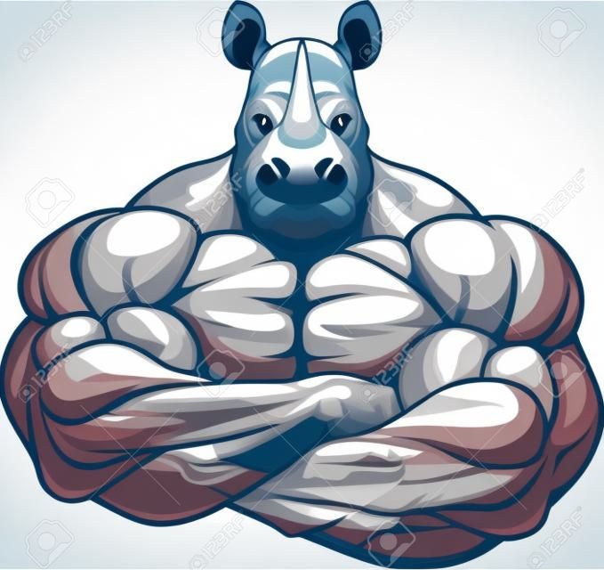 Векторная иллюстрация, символ сильного культурист носорога на белом фоне