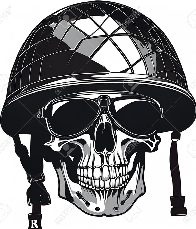 Vektor-Illustration des menschlichen Schädel, der eine Zigarette in einem militärischen Helm rauchen