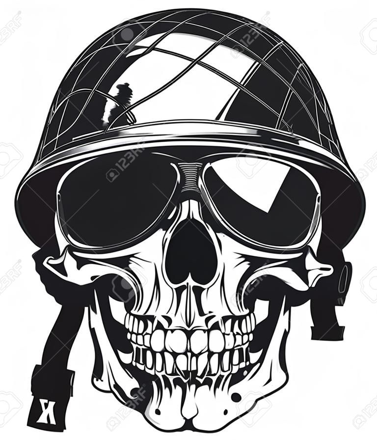 Illustrazione di vettore del cranio umano fumare una sigaretta in un casco militare