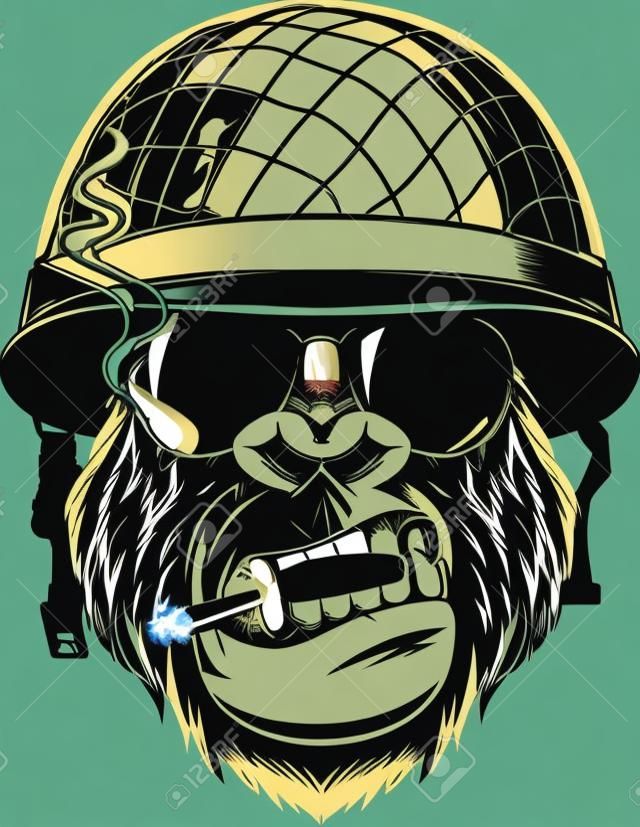 Vector l'illustrazione di una scimmia soldato americano fuma una sigaretta in un casco con gli occhiali