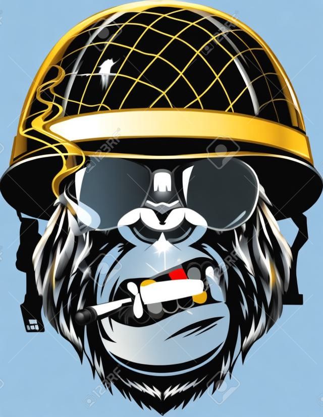 Vector l'illustrazione di una scimmia soldato americano fuma una sigaretta in un casco con gli occhiali