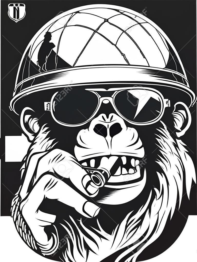 美国一名猴子士兵戴着头盔在头盔里抽香烟的矢量图。