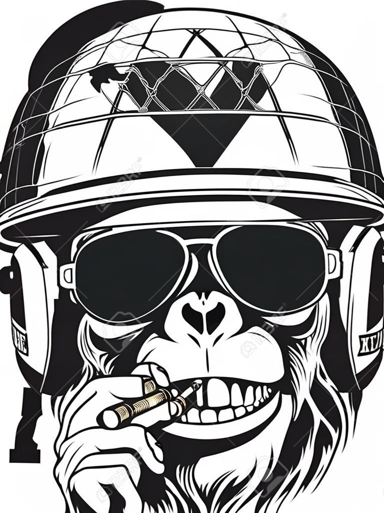 Ilustracja wektora małpa żołnierz amerykański pali papierosa w kasku z okularami