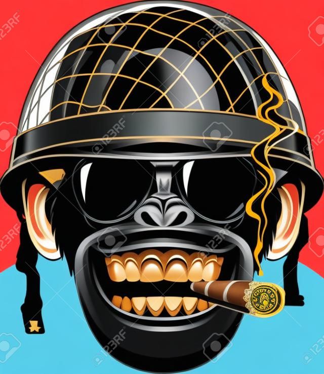 有趣的黑猩猩猴子在一個士兵的頭盔的矢量圖抽煙一支雪茄