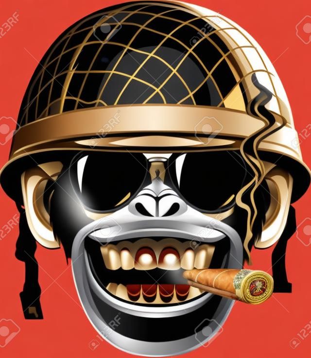 有趣的黑猩猩猴子在一個士兵的頭盔的矢量圖抽煙一支雪茄