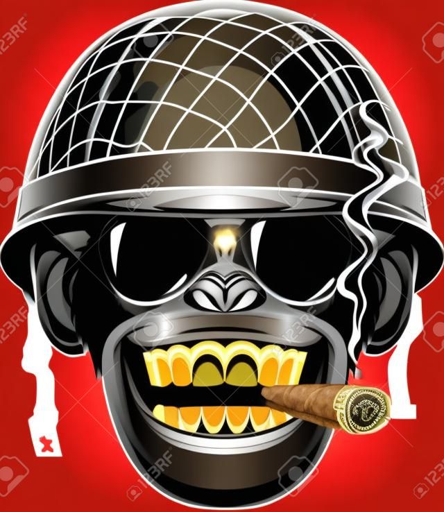 Ilustración vectorial de mono divertido chimpancé en el casco de un soldado fuma un cigarro