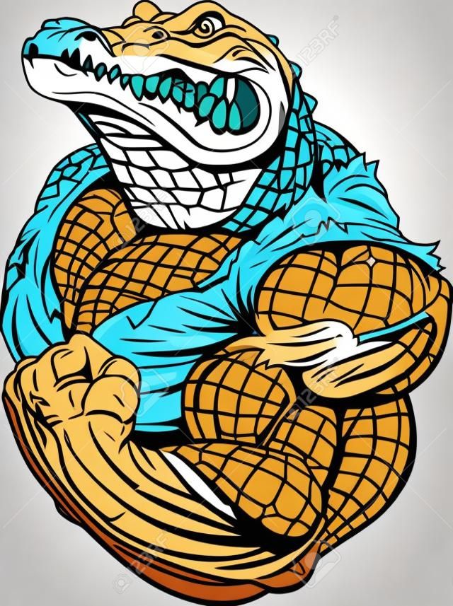 Ilustración del vector, un cocodrilo feroz culturista atleta posando, mostrando grandes bíceps