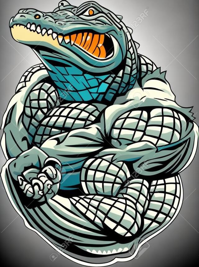 Vector illustration, a ferocious alligator bodybuilder athlete posing, showing large biceps