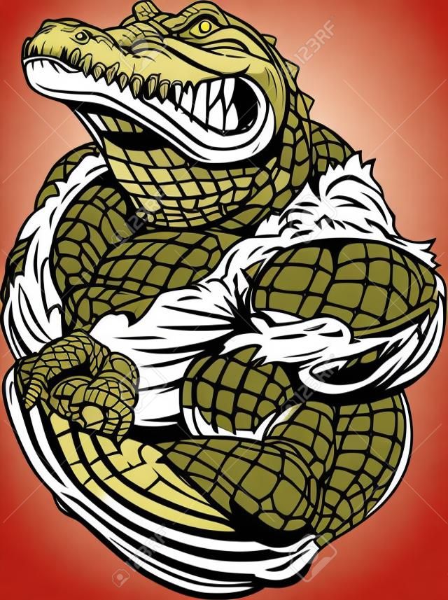 Ilustración del vector, un cocodrilo feroz culturista atleta posando, mostrando grandes bíceps