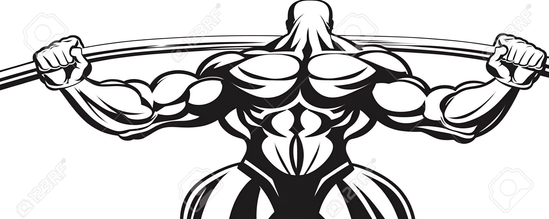Illustration of a bodybuilder performs an exercise with a barbell.