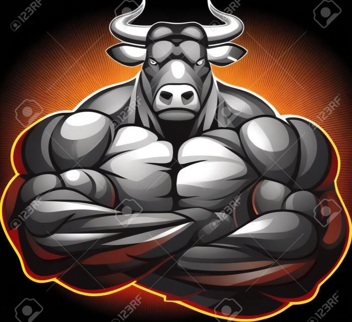 Векторная иллюстрация сильного здорового быка с большими бицепсами.