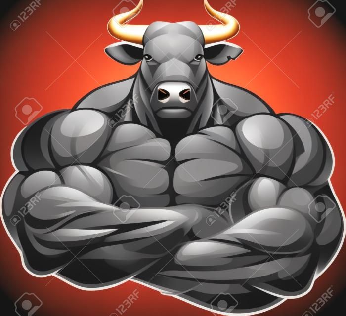Vector illustratie van een sterke gezonde stier met grote biceps.