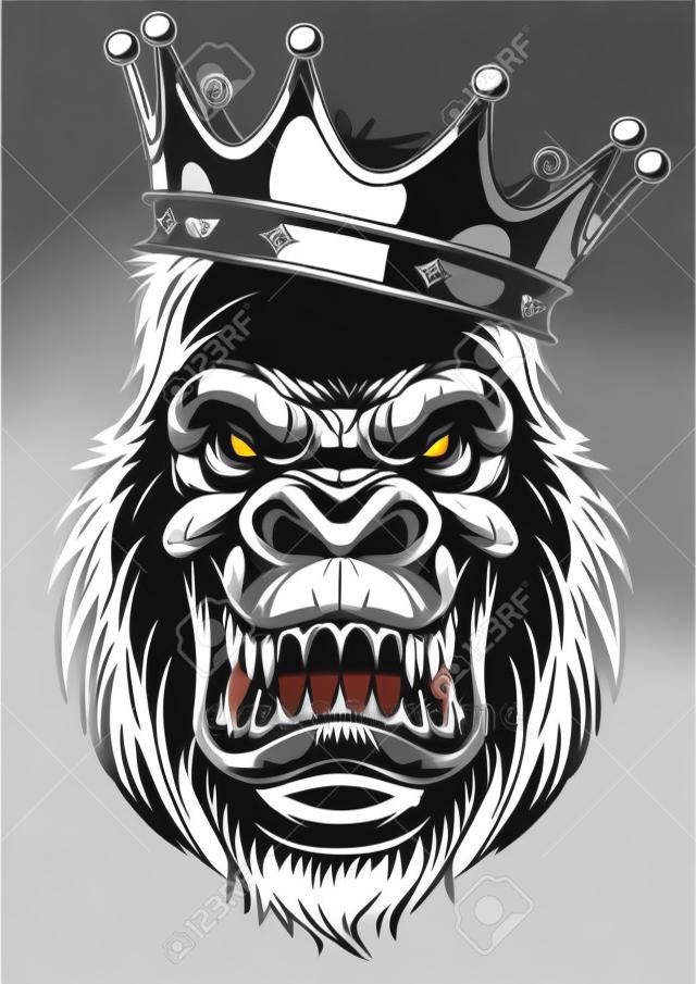 Ilustração vetorial, cabeça feroz do gorila com coroa, no fundo branco