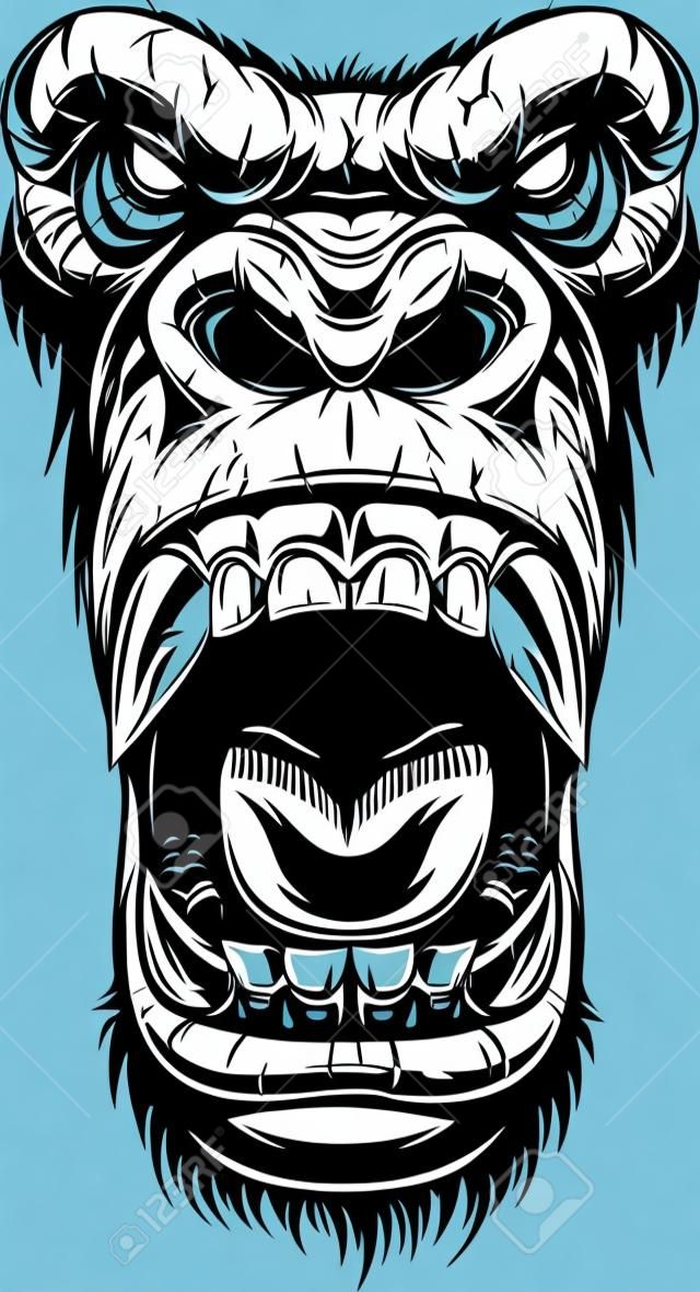 Vector illustration, ferocious gorilla head, on white background, sketch