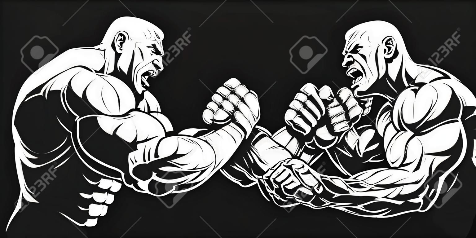 Vector illustration, two athletes engaged in armwrestling, fighting on hands