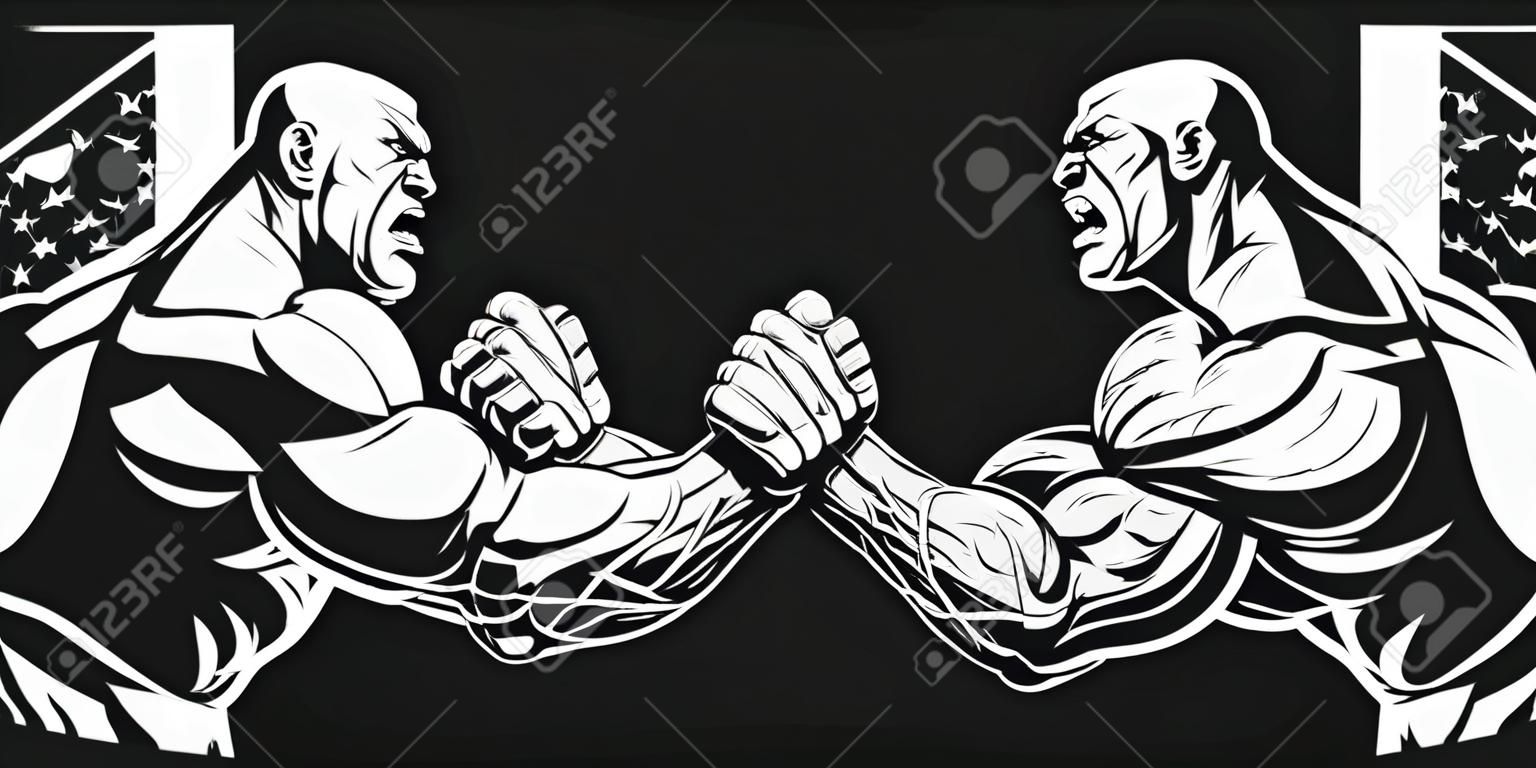 Векторная иллюстрация, два спортсмена, занимающихся армрестлингом, борьба на руках