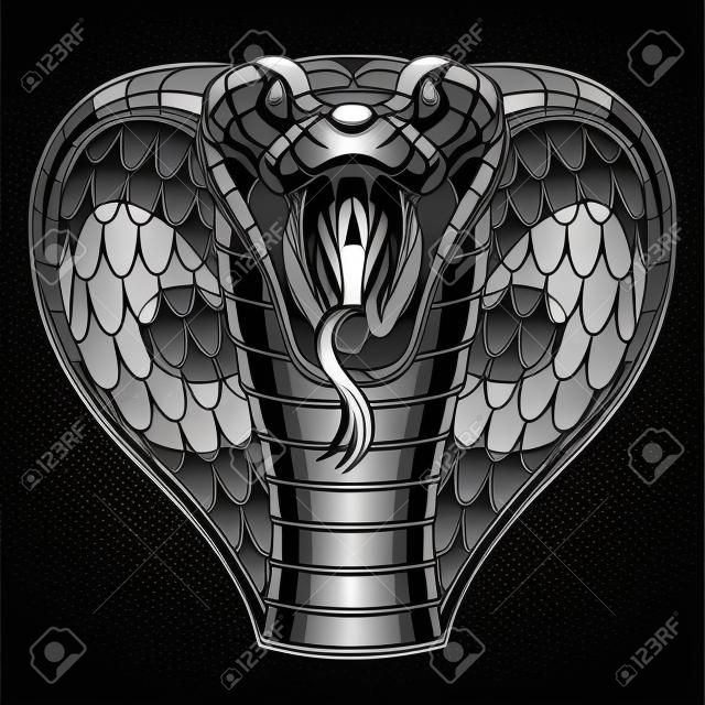 Vektorillustration, aggressive und schlechte Kobra greift an, Schwarzweiss-Farbe, auf einem schwarzen Hintergrund