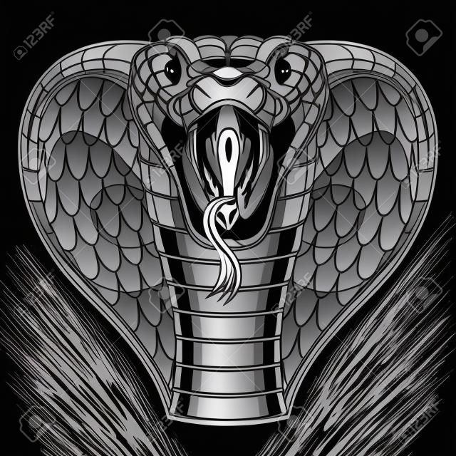 Vektorillustration, aggressive und schlechte Kobra greift an, Schwarzweiss-Farbe, auf einem schwarzen Hintergrund