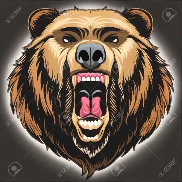 Ilustración de vector, cabeza de un feroz oso grizzly, sobre un fondo negro