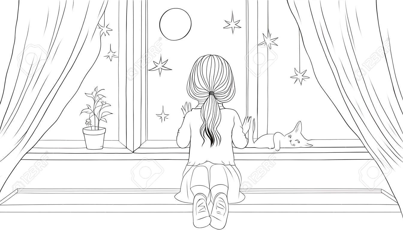 Vector illustration, a little girl looks at the starry sky with a kitten sitting on the window, coloring book