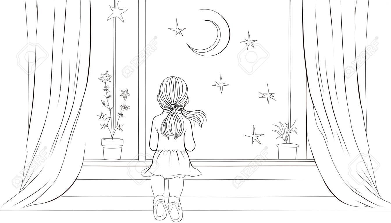 Vector illustration, a little girl looks at the starry sky with a kitten sitting on the window, coloring book