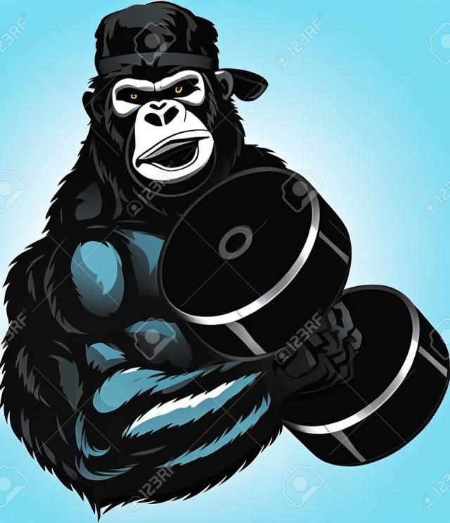 Grafika wektorowa, ciężki sportowiec goryl wykonuje ćwiczenie z hantlami na biceps, na białym tle