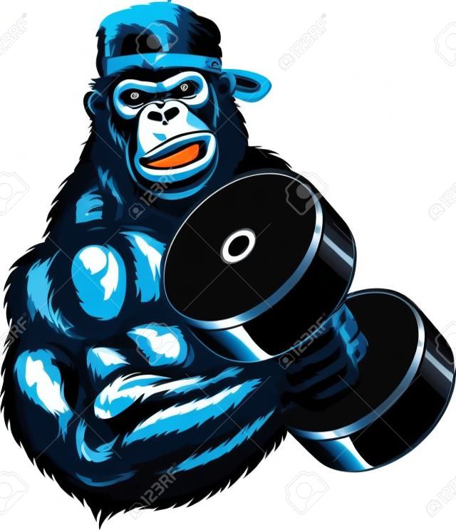 Grafika wektorowa, ciężki sportowiec goryl wykonuje ćwiczenie z hantlami na biceps, na białym tle