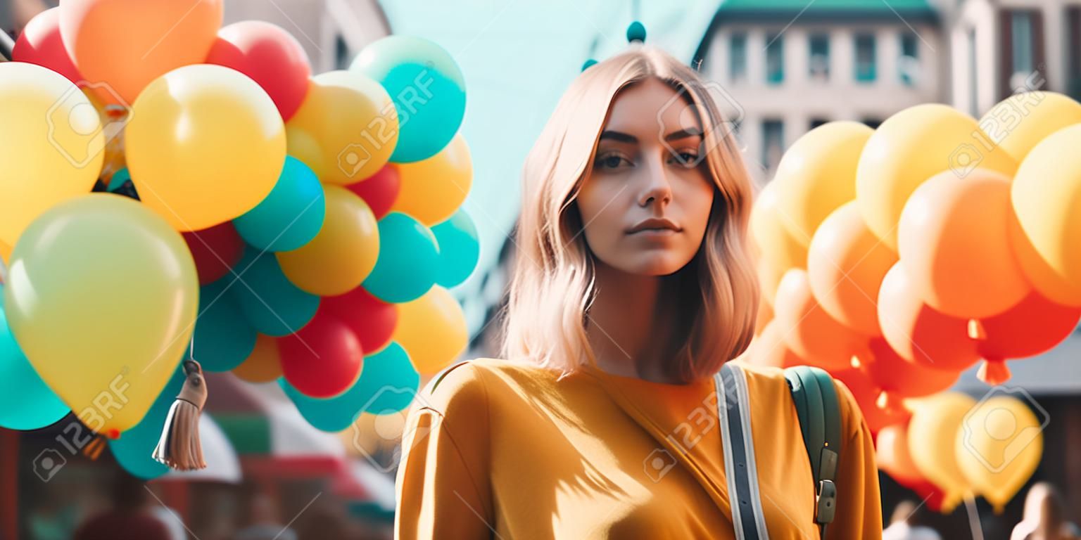young beautiful hipster woman in yellow jacket posing in city street with colorful balloons