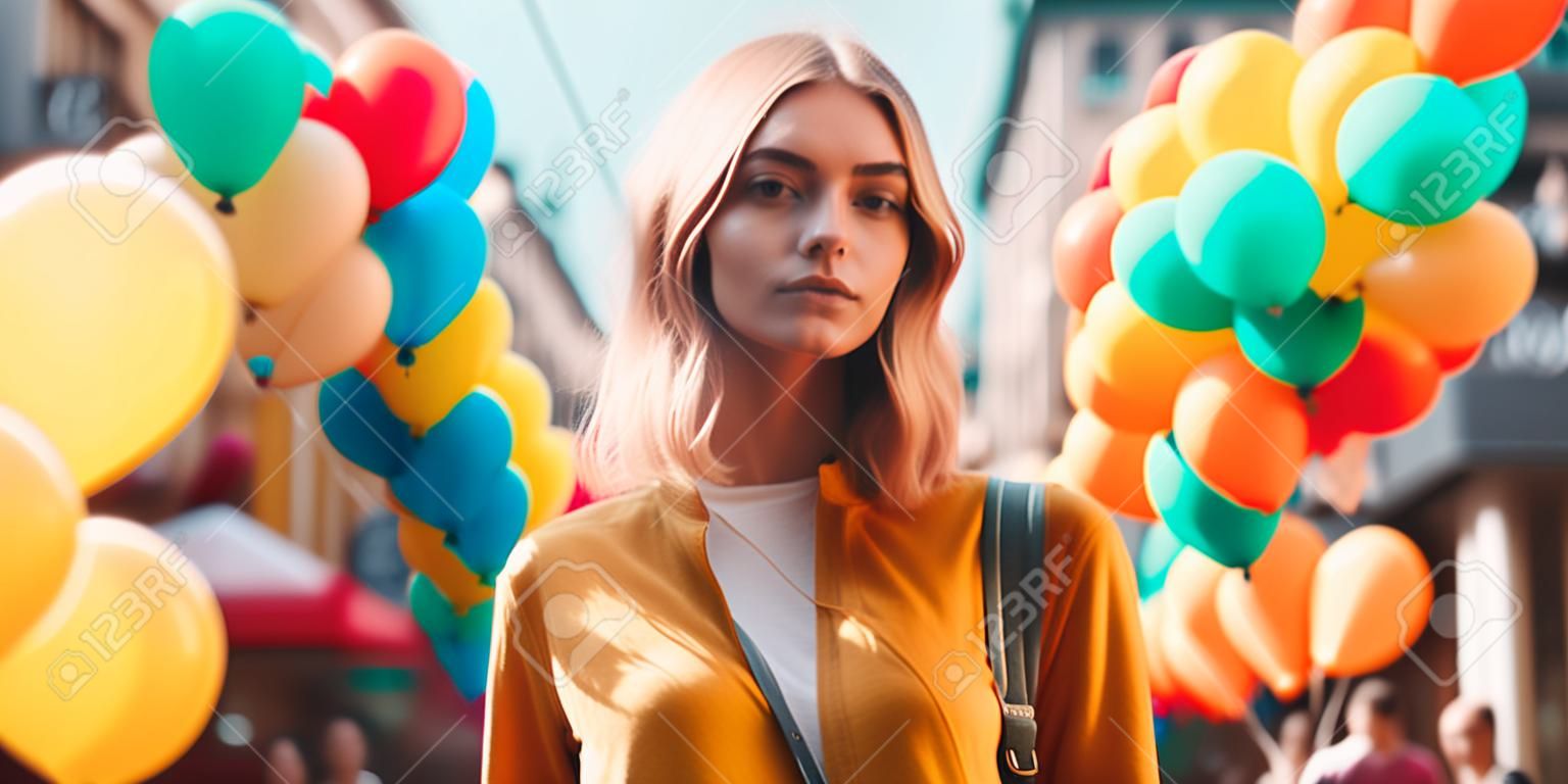 Giovane bella donna hipster in giacca gialla in posa in strada cittadina con palloncini colorati