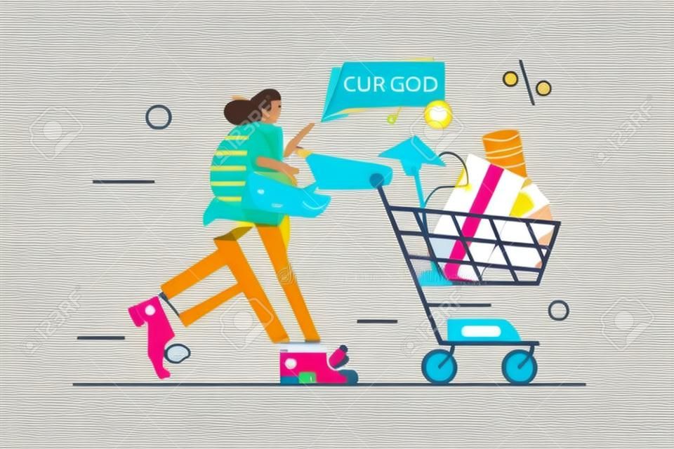 La ragazza cammina con un carrello e acquista merci nei negozi, carrello con merci, lampada, regali isolati su sfondo bianco, illustrazione vettoriale piatta