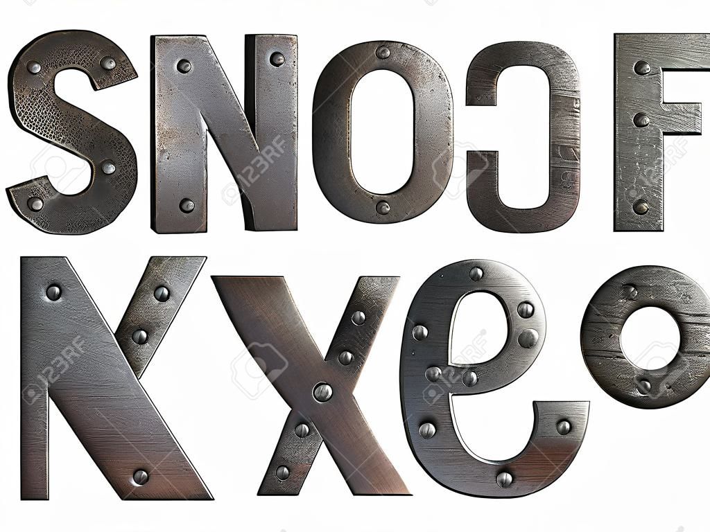 Vieux lettres alphabet grunge métal isolé sur blanc De N à S