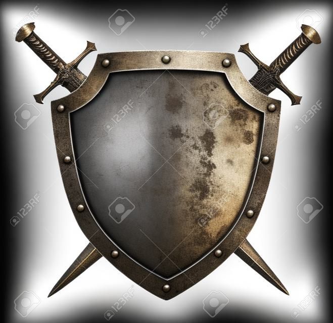 escudo de metal envelhecido com espadas cruzadas isoladas no branco