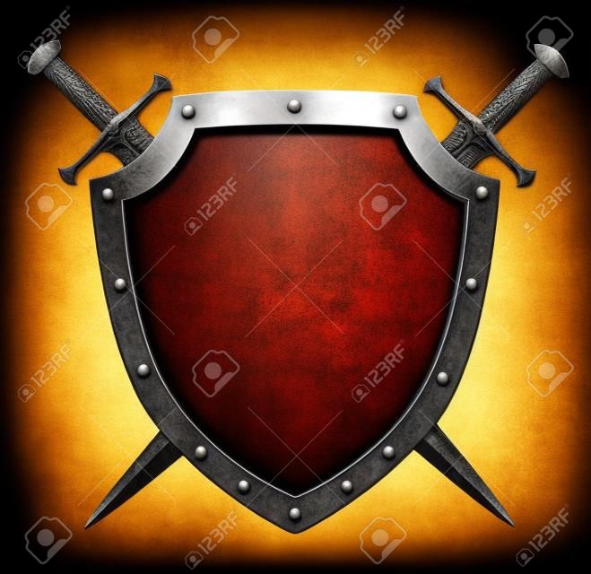 escudo de metal envelhecido com espadas cruzadas isoladas no branco